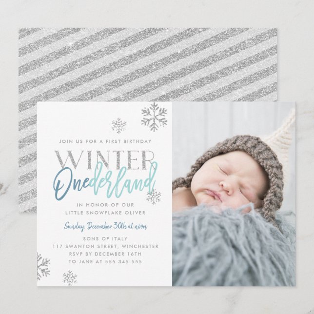 Winter ONEderland Silver Blue 1st Birthday Photo Invitation (Front/Back)