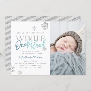 Winter Onederland Silver Blue 1st Birthday Photo Invitation by NBpaperco at Zazzle
