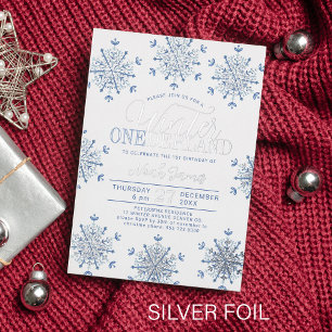 Winter Onederland silver blue boy first birthday Foil Invitation