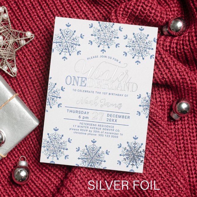 Winter Onederland silver blue boy first birthday Foil Invitation (Creator Uploaded)