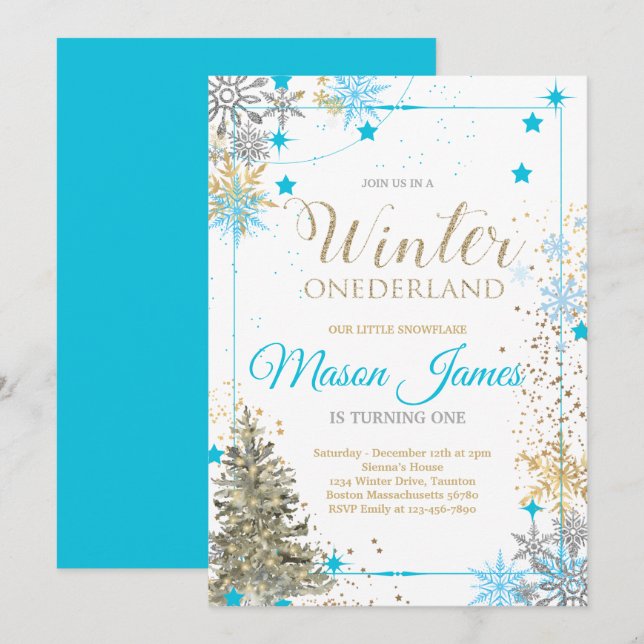 WINTER ONEderland Silver Blue & Gold 1st Birthday  Invitation (Front/Back)