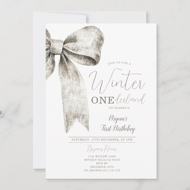 Winter Onederland Silver Bow tie 1st Birthday Invitation (Front)