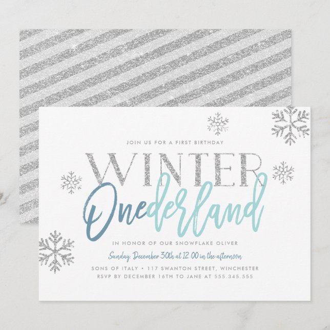 Winter ONEderland Silver Glitter Blue 1st Birthday Invitation (Front/Back)