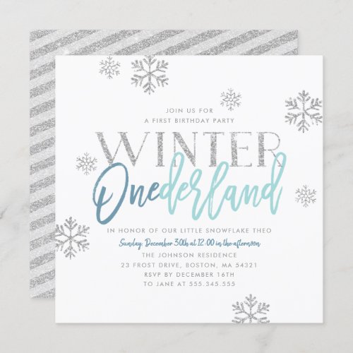 Winter ONEderland Silver Glitter Blue 1st Birthday Invitation