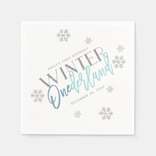 Winter ONEderland Silver Glitter Blue 1st Birthday Napkins