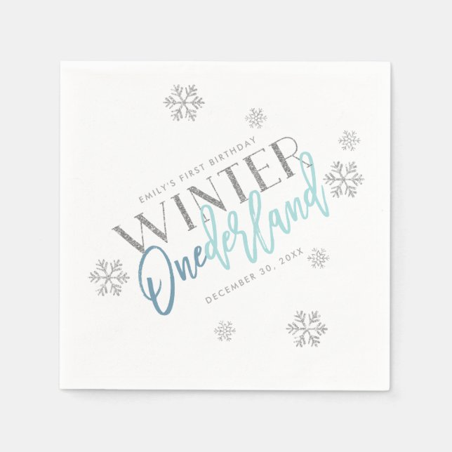 Winter ONEderland Silver Glitter Blue 1st Birthday Napkins (Front)