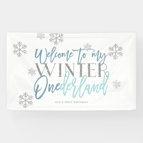 Winter ONEderland Silver Glitter Blue Welcome Sign