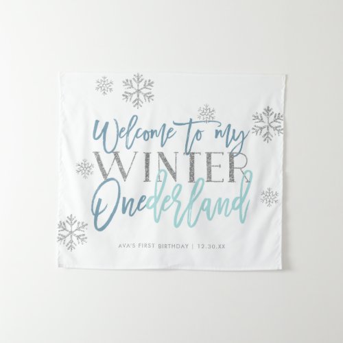 Winter ONEderland Silver Glitter Blue Welcome Sign Tapestry