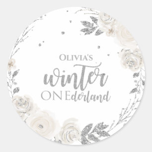 Winter Onederland Silver Glitter Floral Classic Round Sticker