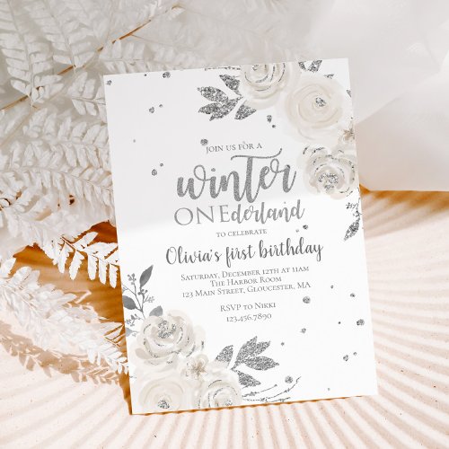 Winter Onederland Silver Glitter Floral Invitation