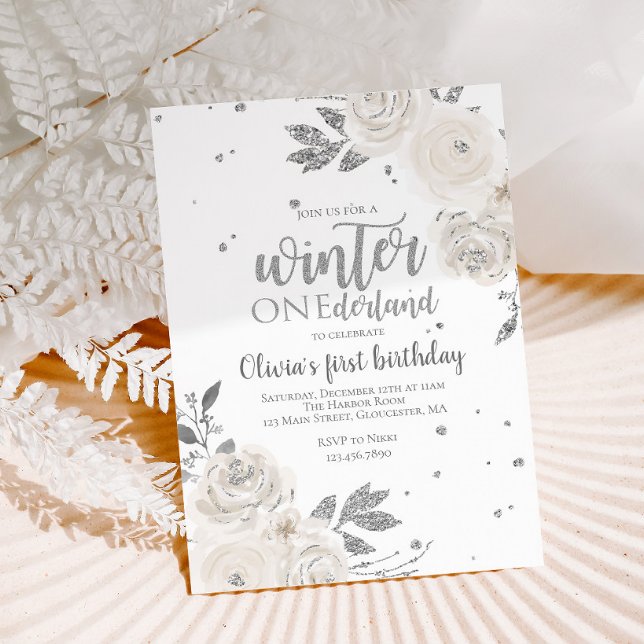 Winter Onederland Silver Glitter Floral Invitation
