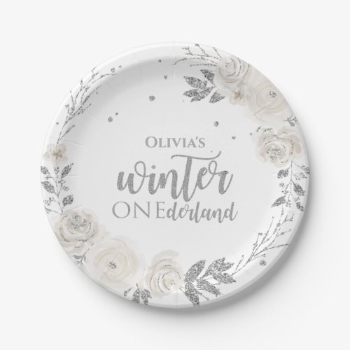 Winter Onederland Silver Glitter Floral Paper Plat Paper Plates