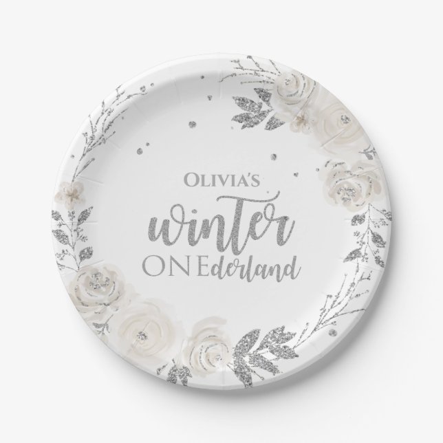 Winter Onederland Silver Glitter Floral Paper Plat Plates (Front)