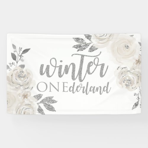 Winter Onederland Silver Glitter Flowers Banner