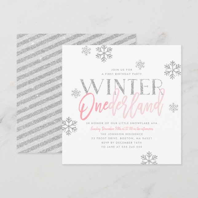Winter ONEderland Silver Glitter Pink 1st Birthday Invitation (Front/Back)