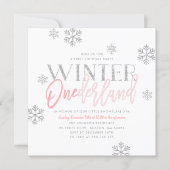 Winter ONEderland Silver Glitter Pink 1st Birthday Invitation (Front)