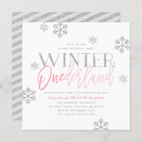 Winter ONEderland Silver Glitter Pink 1st Birthday Invitation
