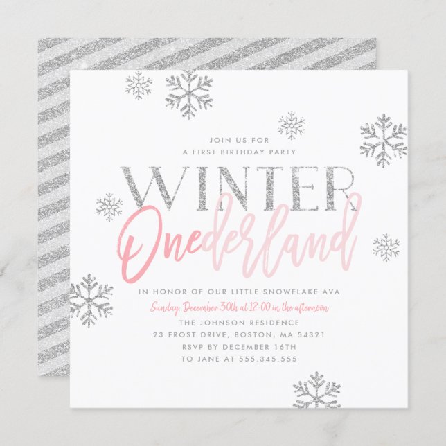 Winter ONEderland Silver Glitter Pink 1st Birthday Invitation (Front/Back)