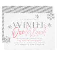 Winter ONEderland Silver Glitter Pink 1st Birthday Invitation