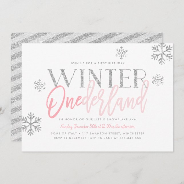 Winter ONEderland Silver Glitter Pink 1st Birthday Invitation (Front/Back)