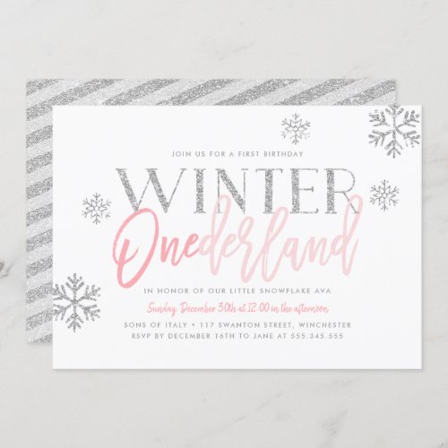Winter ONEderland Silver Glitter Pink 1st Birthday Invitation