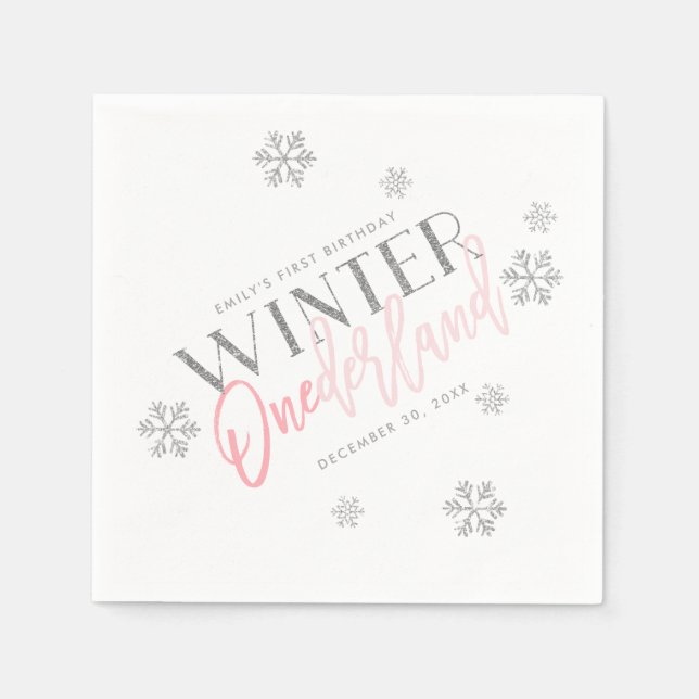 Winter ONEderland Silver Glitter Pink 1st Birthday Napkins (Front)