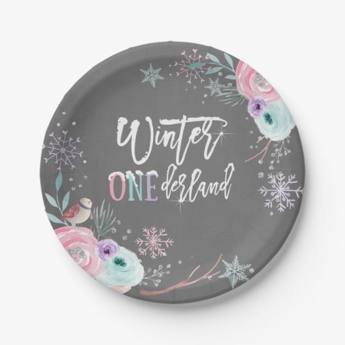 Winter ONEderland Silver Glitter Pink Floral Girl Paper Plates