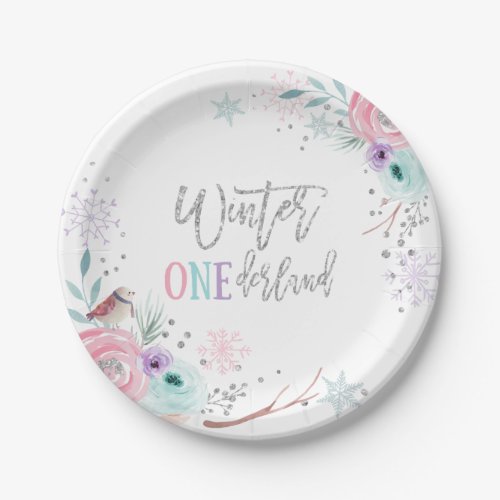 Winter ONEderland Silver Glitter Pink Floral Girl Paper Plates