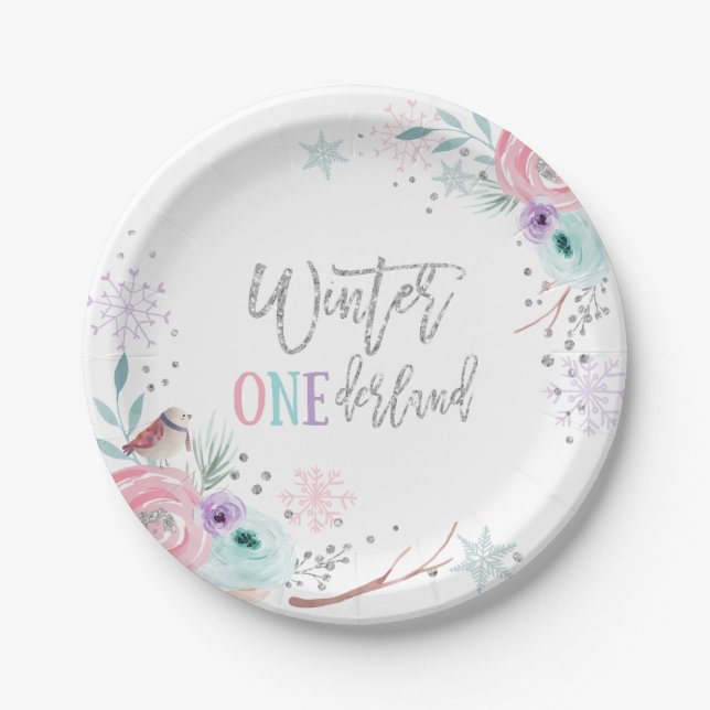Winter ONEderland Silver Glitter Pink Floral Girl Paper Plates (Front)
