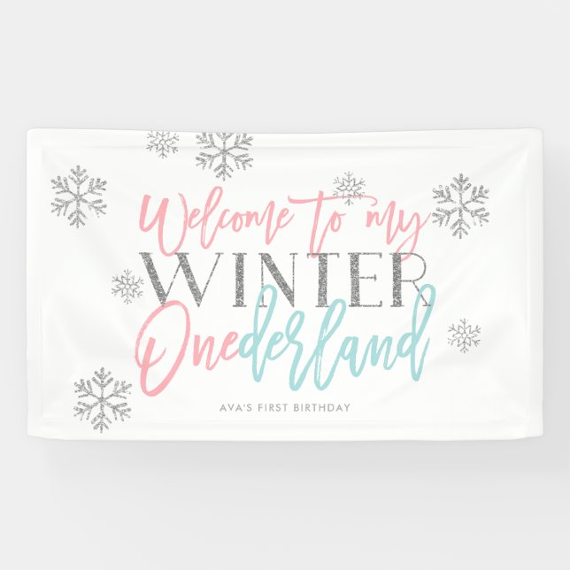 Winter ONEderland Silver Glitter Pink Welcome Sign (Horizontal)