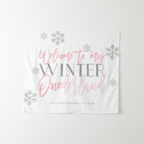 Winter ONEderland Silver Glitter Pink Welcome Sign Tapestry