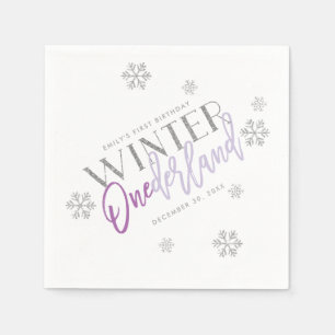 Winter ONEderland Silver Glitter Purple 1st Bday Napkins