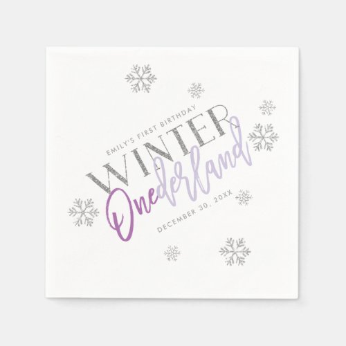 Winter ONEderland Silver Glitter Purple 1st Bday Napkins