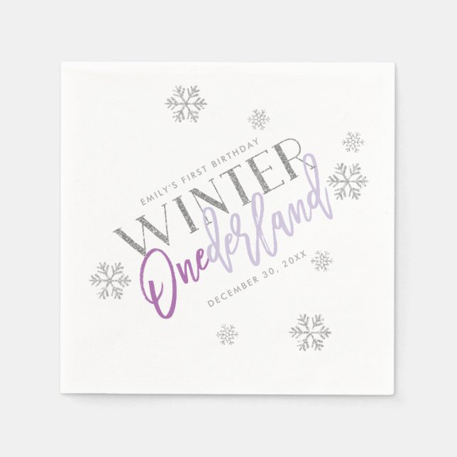 Winter ONEderland Silver Glitter Purple 1st Bday Napkins (Front)