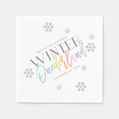 Winter ONEderland Silver Glitter Rainbow 1st Bday Napkins