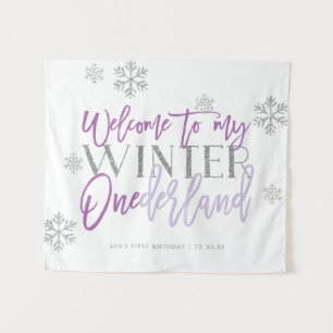 Winter ONEderland Silver Glitter Welcome Sign Tapestry
