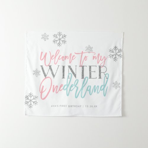 Winter ONEderland Silver Glitter Welcome Sign Tapestry