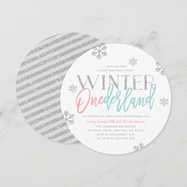 Winter ONEderland Silver Glittery 1st Birthday Invitation (Front/Back)