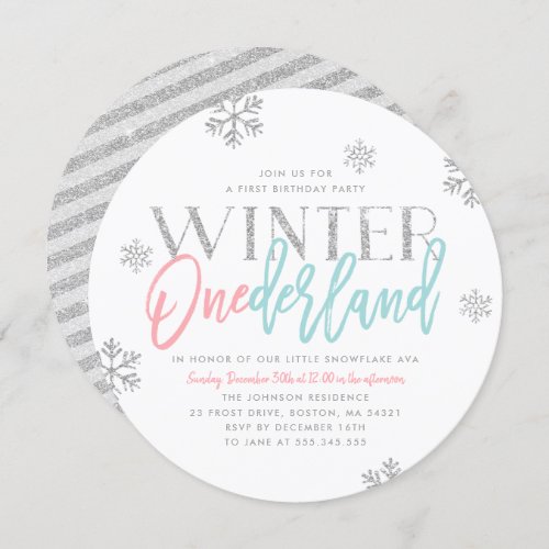 Winter ONEderland Silver Glittery 1st Birthday Invitation