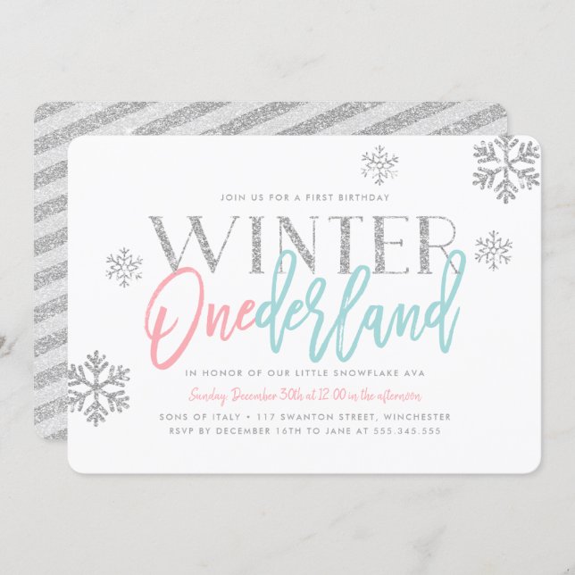 Winter ONEderland Silver Glittery 1st Birthday Invitation (Front/Back)