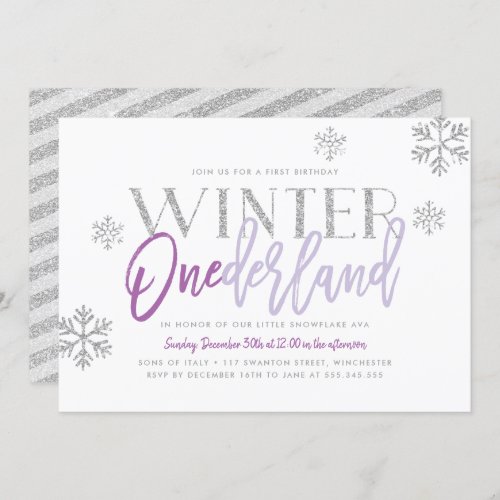 Winter ONEderland Silver Glitz Purple 1st Birthday Invitation