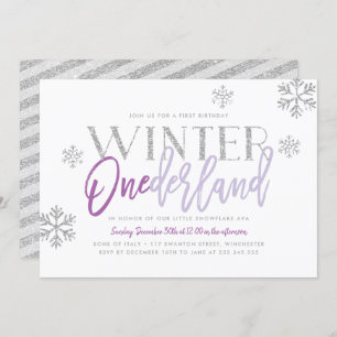 Winter ONEderland Silver Glitz Purple 1st Birthday Invitation