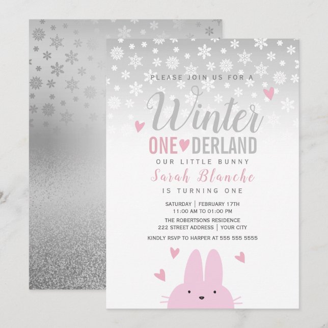 Winter Onederland Silver Pink 1st Birthday Invitation (Front/Back)
