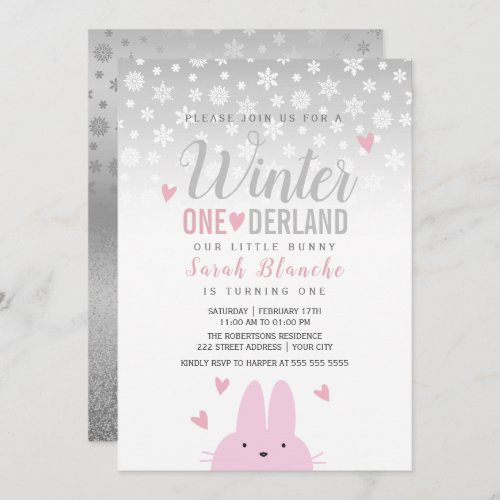 Winter Onederland Silver Pink 1st Birthday Invitation