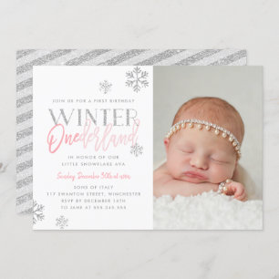 Winter ONEderland Silver Pink 1st Birthday Photo Invitation