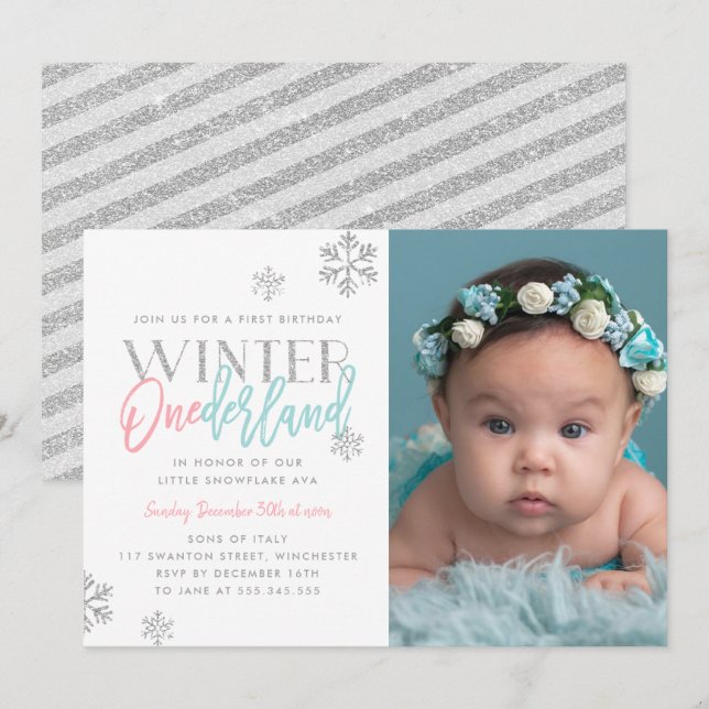 Winter ONEderland Silver Pink Blue 1st Bday Photo Invitation (Front/Back)