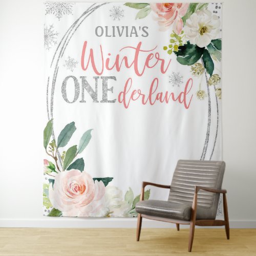 Winter ONEderland Silver Pink Floral Backdrop