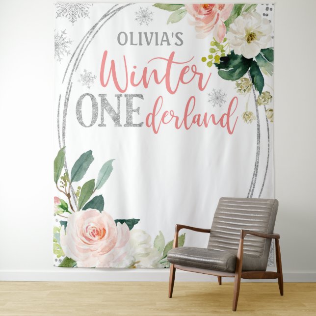 Winter ONEderland Silver Pink Floral Backdrop (In Situ)