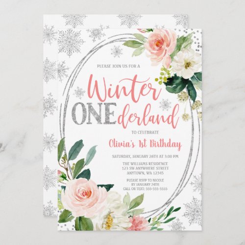 Winter ONEderland Silver Pink Floral Birthday Invitation