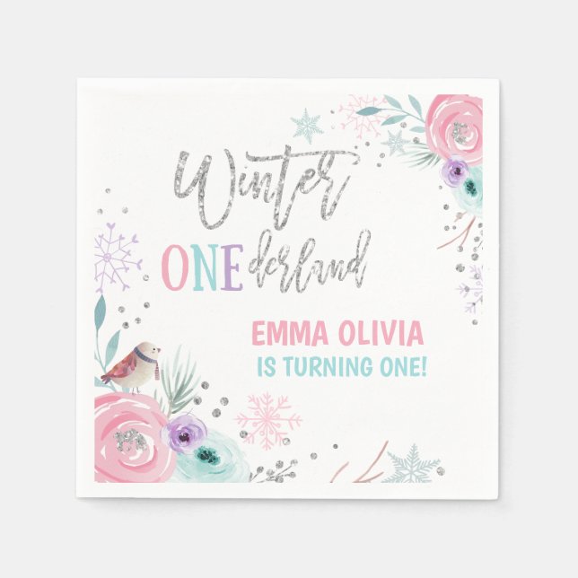 Winter ONEderland Silver Pink Floral Snowflake Napkins (Front)